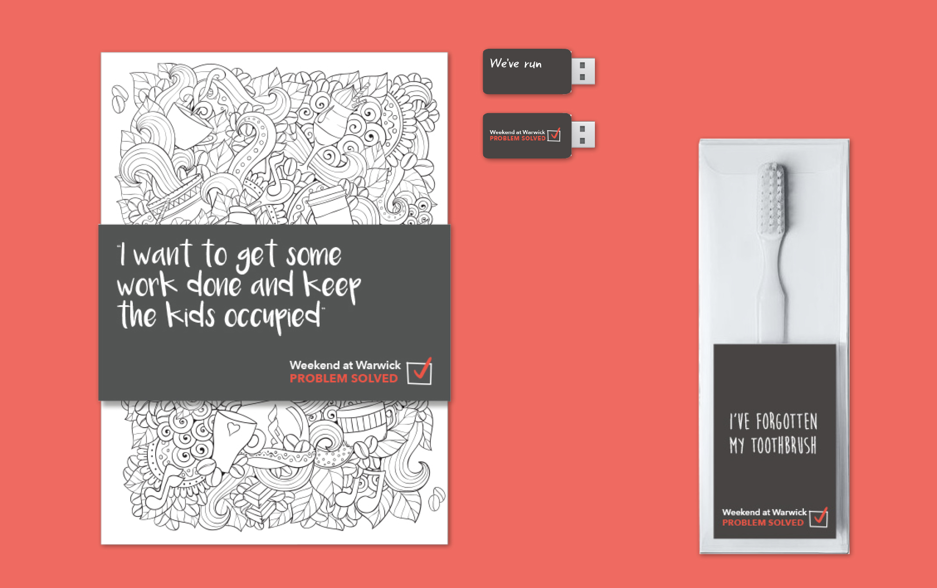 Warwick Conferences branded colouring book and packaging examples