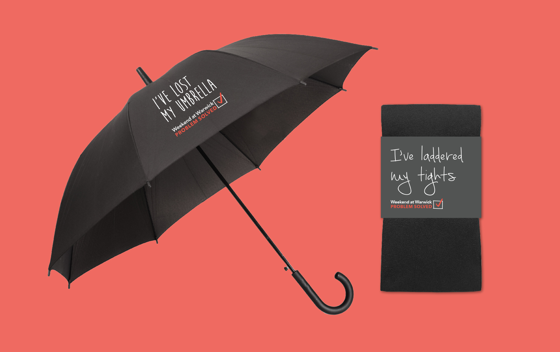 Warwick Conferences branded umbrella and packaging for tights