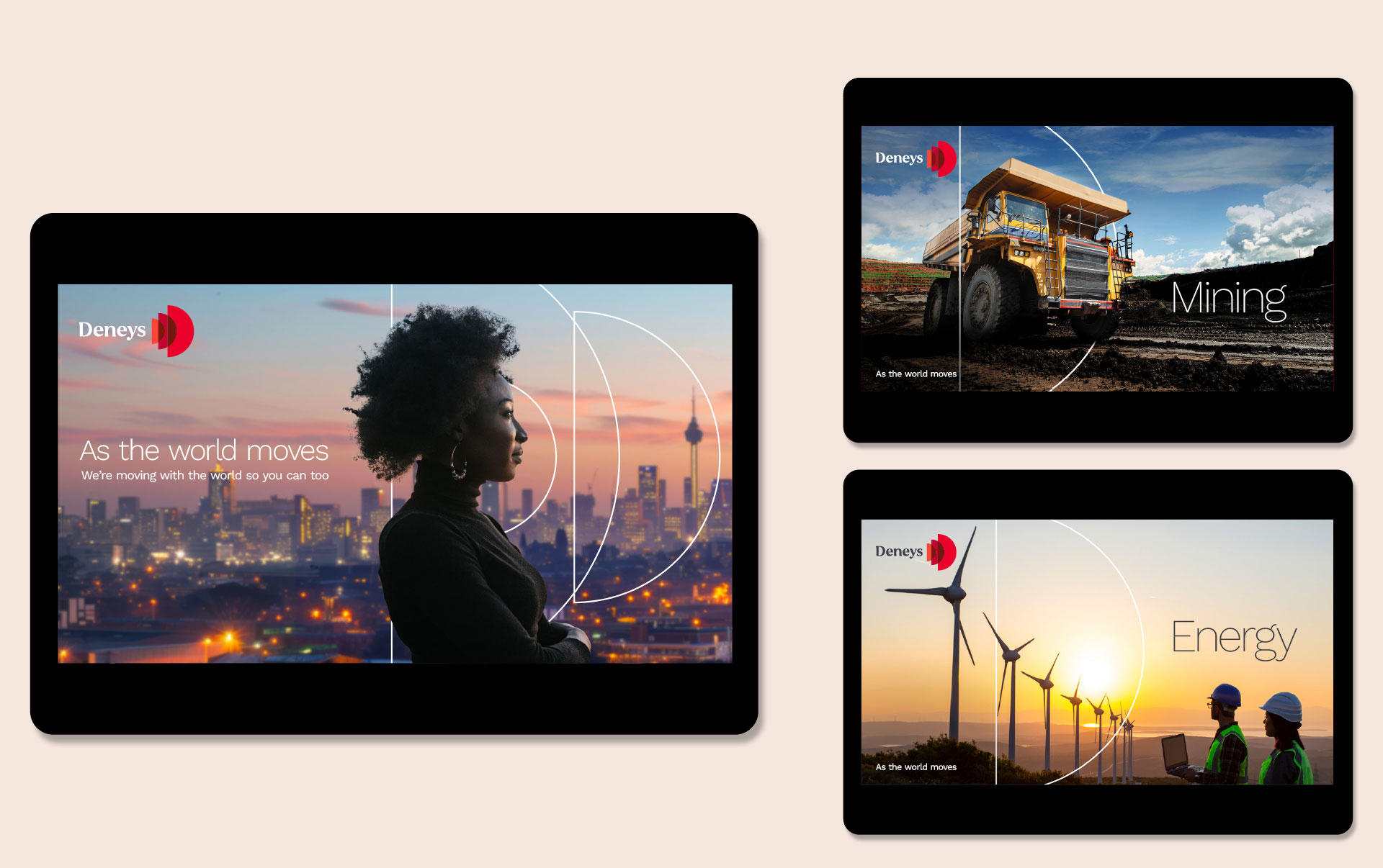 Deneys brand campaign tablet mockups showing 'As the world moves' across Mining and Energy sectors